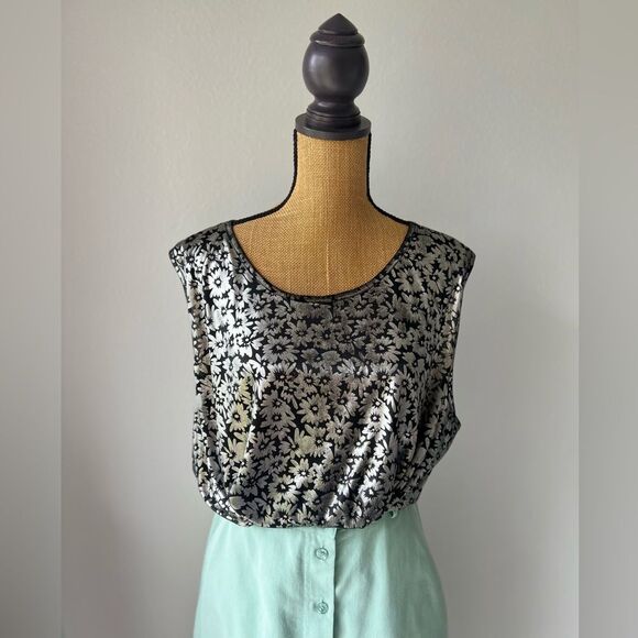 Vintage Shiny Trimmings Plus Silver & Black Flower Tank Top Size 22W - Picture 3 of 7